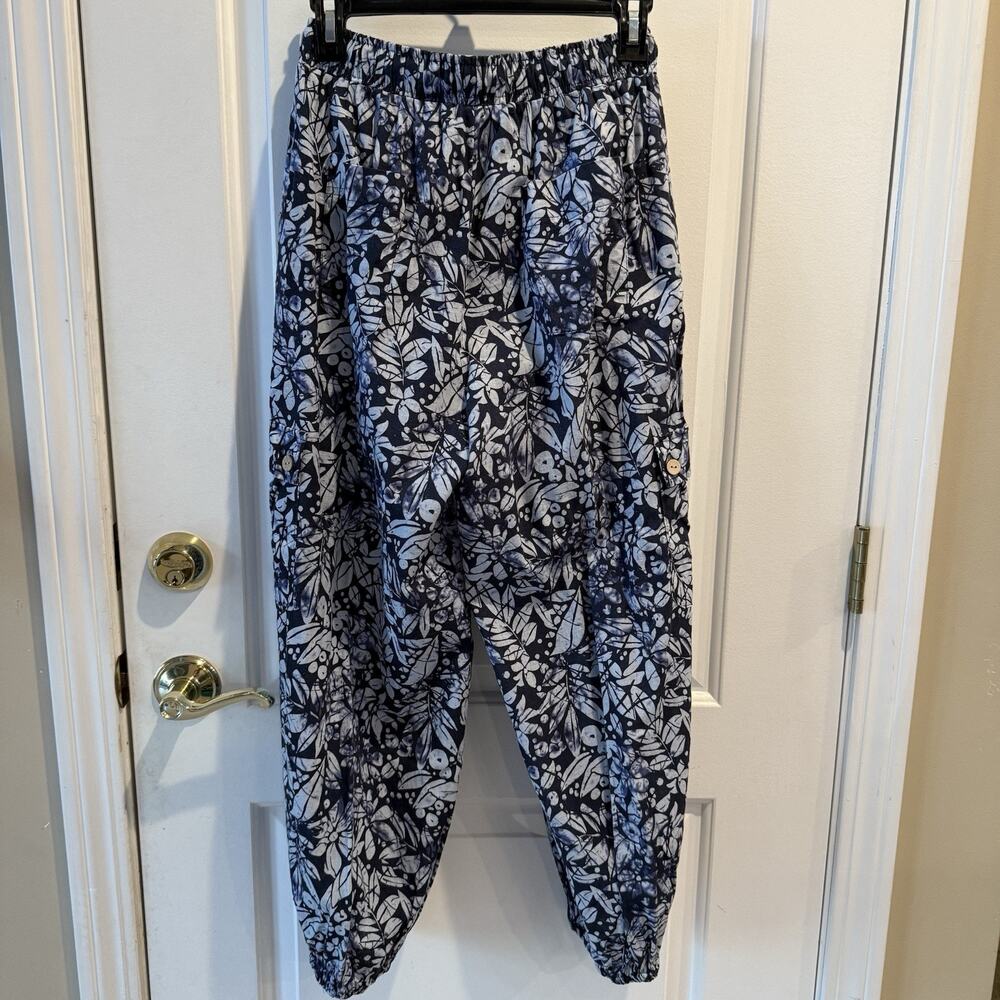 Christian Siriano Linen Blend Joggers Cargo Pockets Blue White Pull on Size S - Picture 2 of 11